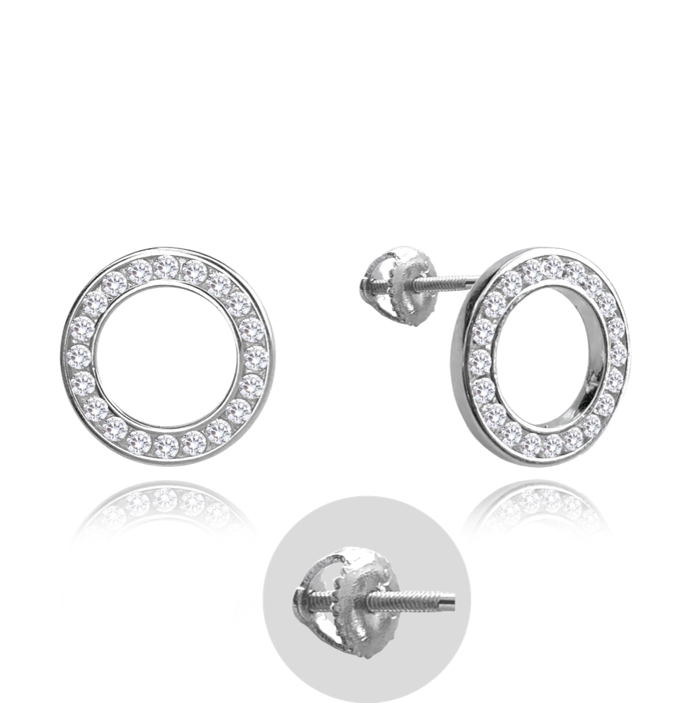 MINET Stříbrné náušnice KROUŽKY s bílými zirkony na šroubek JMAN0140SE01