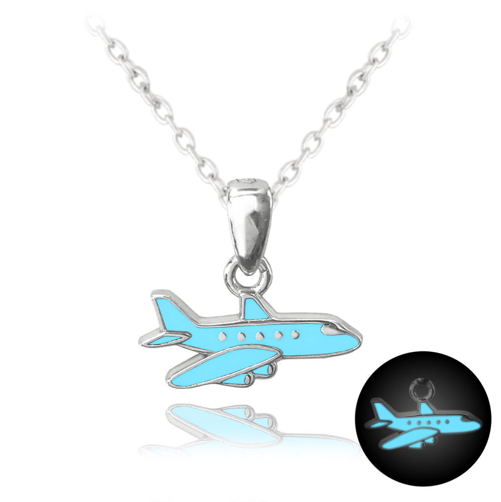 MINET Svítící modrý stříbrný náhrdelník LETADLO JMAD0032AN38