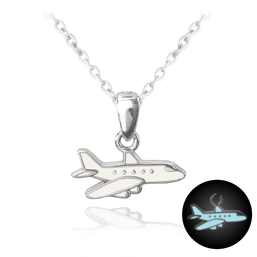 MINET Svítící bílý stříbrný náhrdelník LETADLO JMAD0032WN38