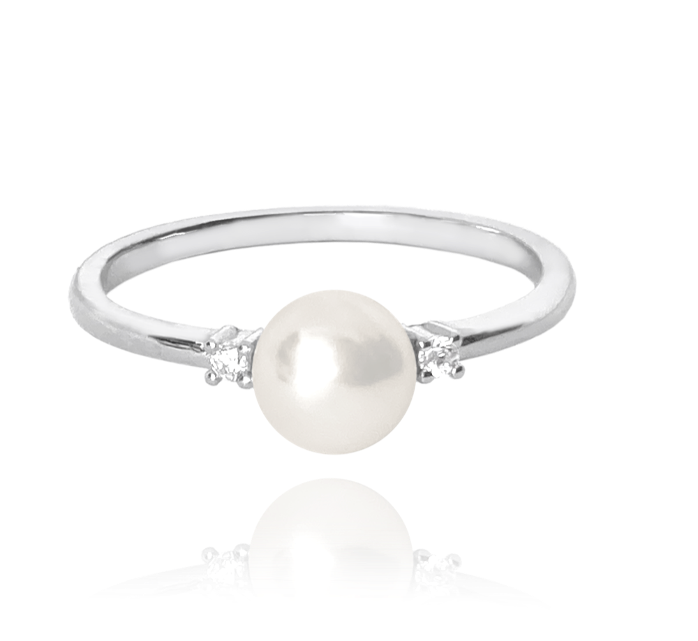 MINET Stříbrný prsten s perlou a bílými zirkony vel. 50