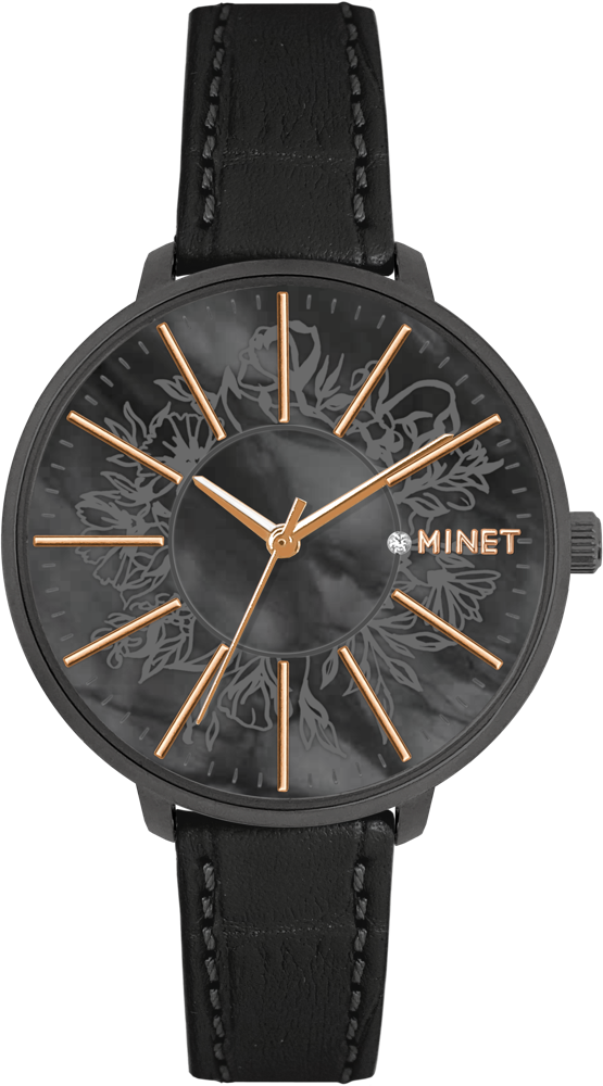 MINET Černé dámské hodinky PRAGUE s černým koženým řemínkem MWL5183