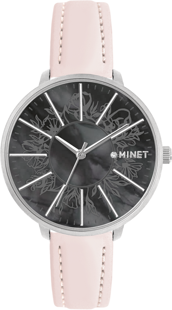 MINET Stříbrno-černé dámské hodinky PRAGUE se světle růžovým koženým řemínkem