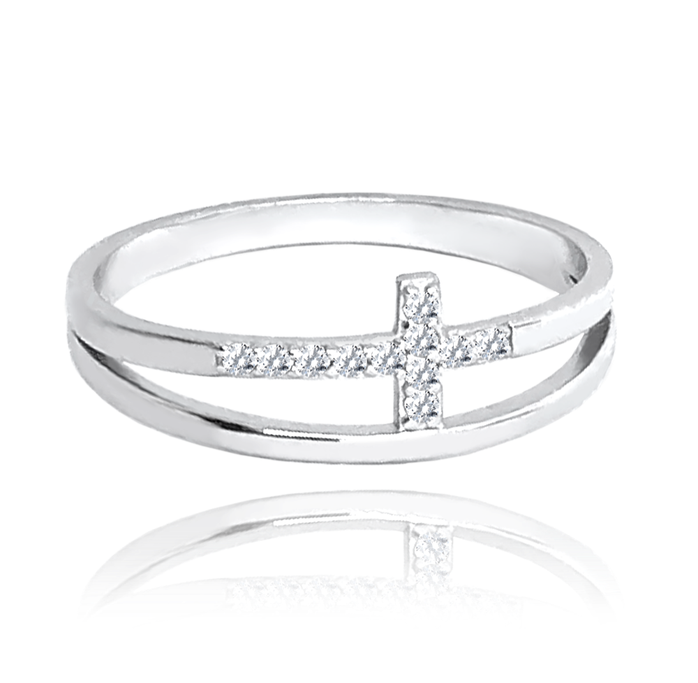 MINET Dvojitý stříbrný prsten KŘÍŽEK s bílými zirkony vel. 58 JMAN0357SR58