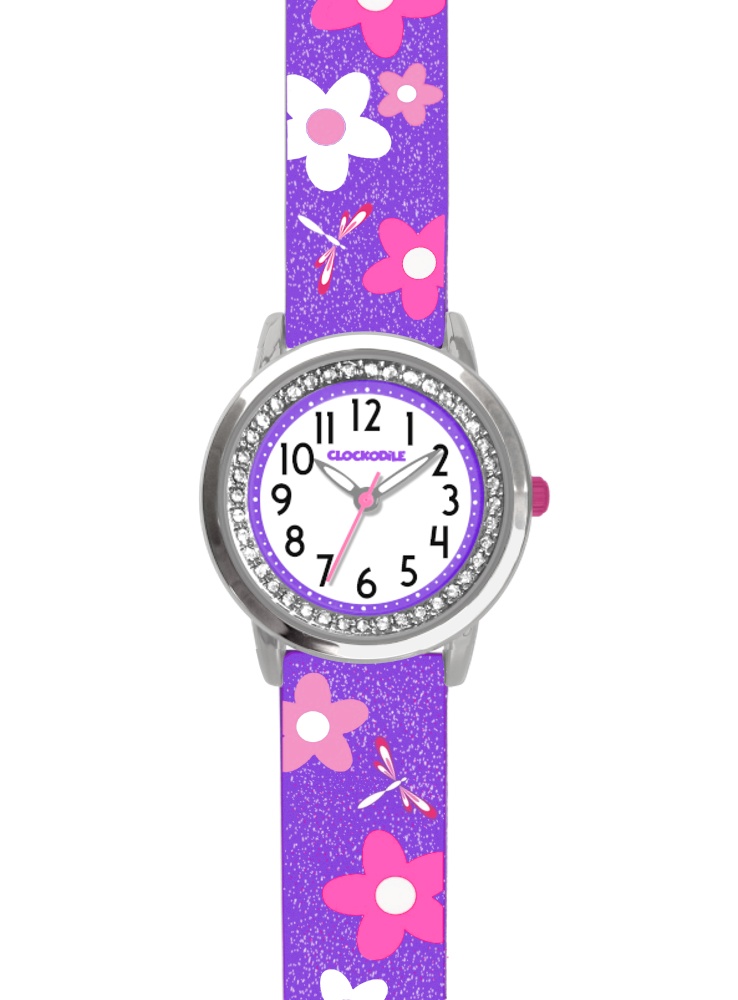 CLOCKODILE Květované fialové dívčí dětské hodinky FLOWERS se třpytkami