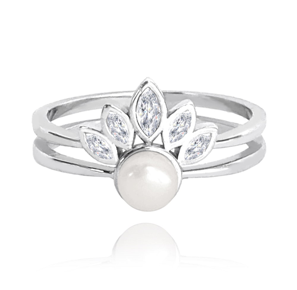 MINET Stříbrný prsten s perlou a bílými zirkony vel. 53