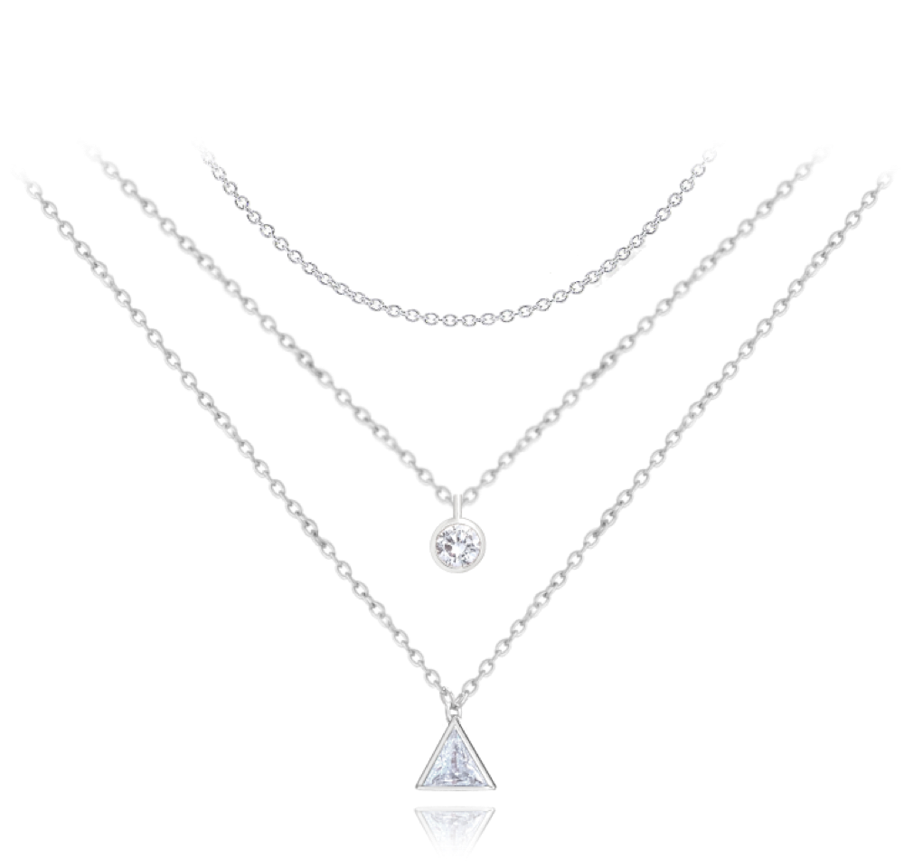 MINET Trojitý stříbrný náhrdelník TROJÚHELNÍK s bílými zirkony