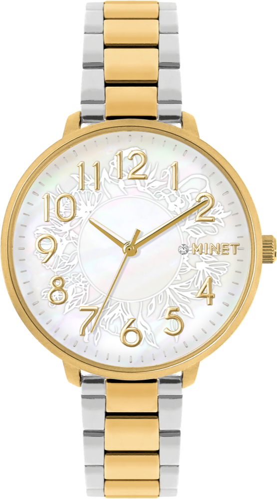MINET Stříbrno-zlaté dámské hodinky PRAGUE Silver & Gold Flower Bicolor s čísly MWL5206