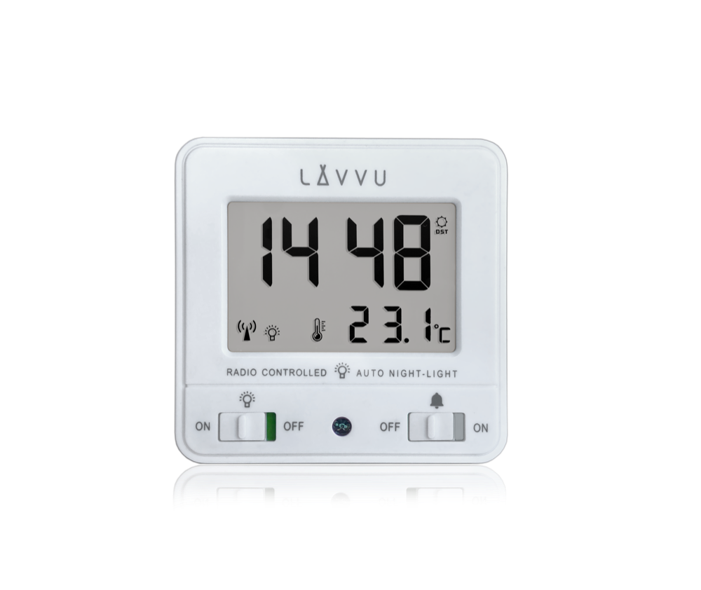 LAVVU Digitální budík řízený rádiovým signálem NORDLYS bílý se světelným senzorem LAR0040