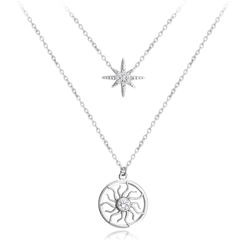 MINET Dvojitý stříbrný náhrdelník SLUNCE A HVĚZDA s bílými zirkony