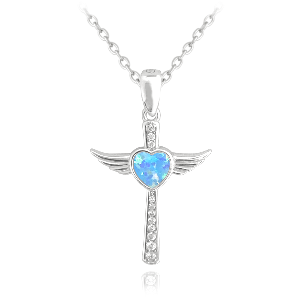 MINET Stříbrný náhrdelník ANDĚLSKÝ KŘÍŽEK s modrým opálovým srdíčkem JMAN0386AN45