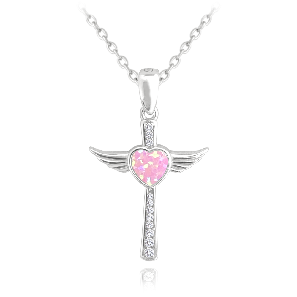 MINET Stříbrný náhrdelník ANDĚLSKÝ KŘÍŽEK s růžovým opálovým srdíčkem JMAN0386PN45