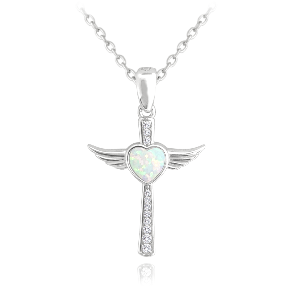 MINET Stříbrný náhrdelník ANDĚLSKÝ KŘÍŽEK s bílým opálovým srdíčkem JMAN0386WN45