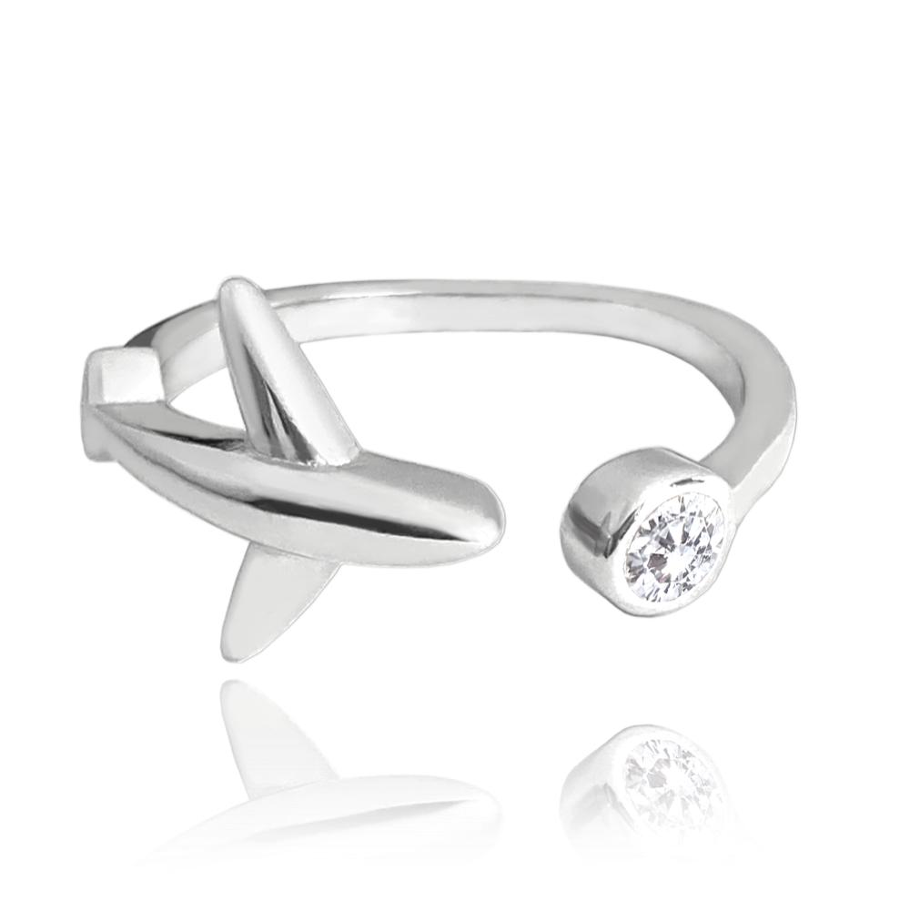 MINET Cestovatelský stříbrný prsten LETADLO s bílým zirkonem vel. 53