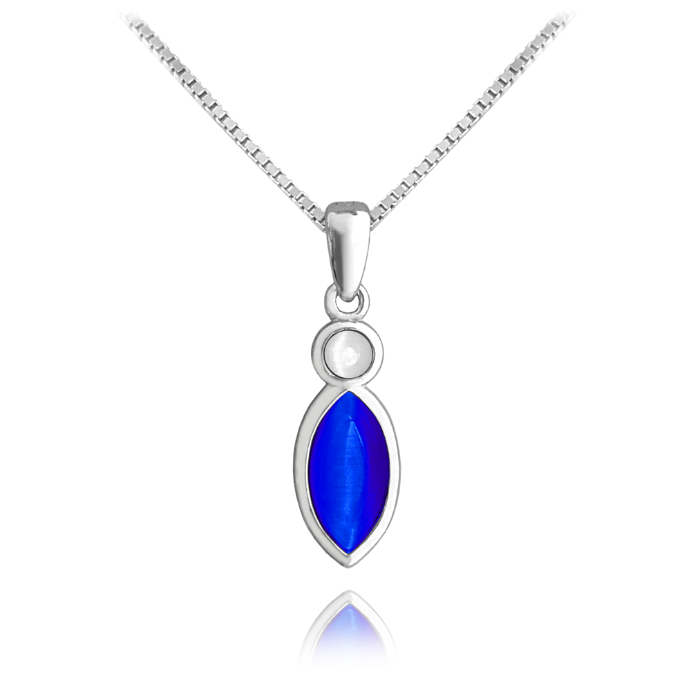 MINET Stříbrný náhrdelník oválek s modrým KOČIČÍM OKEM JMAS0175BN45