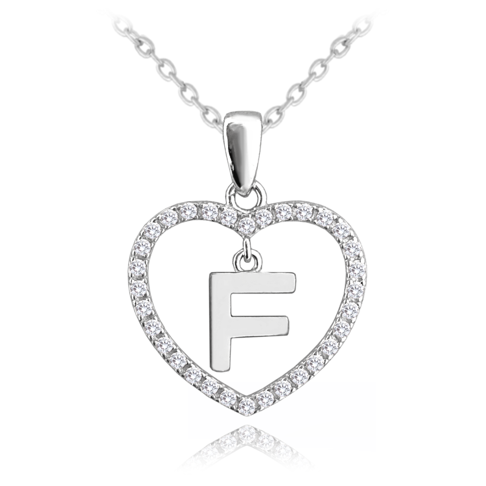 MINET Stříbrný náhrdelník písmeno v srdíčku "F" se zirkony JMAS900FSN45