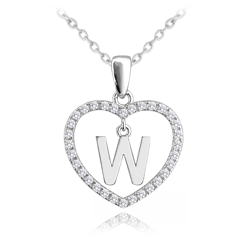 MINET Stříbrný náhrdelník písmeno v srdíčku "W" se zirkony JMAS900WSN45
