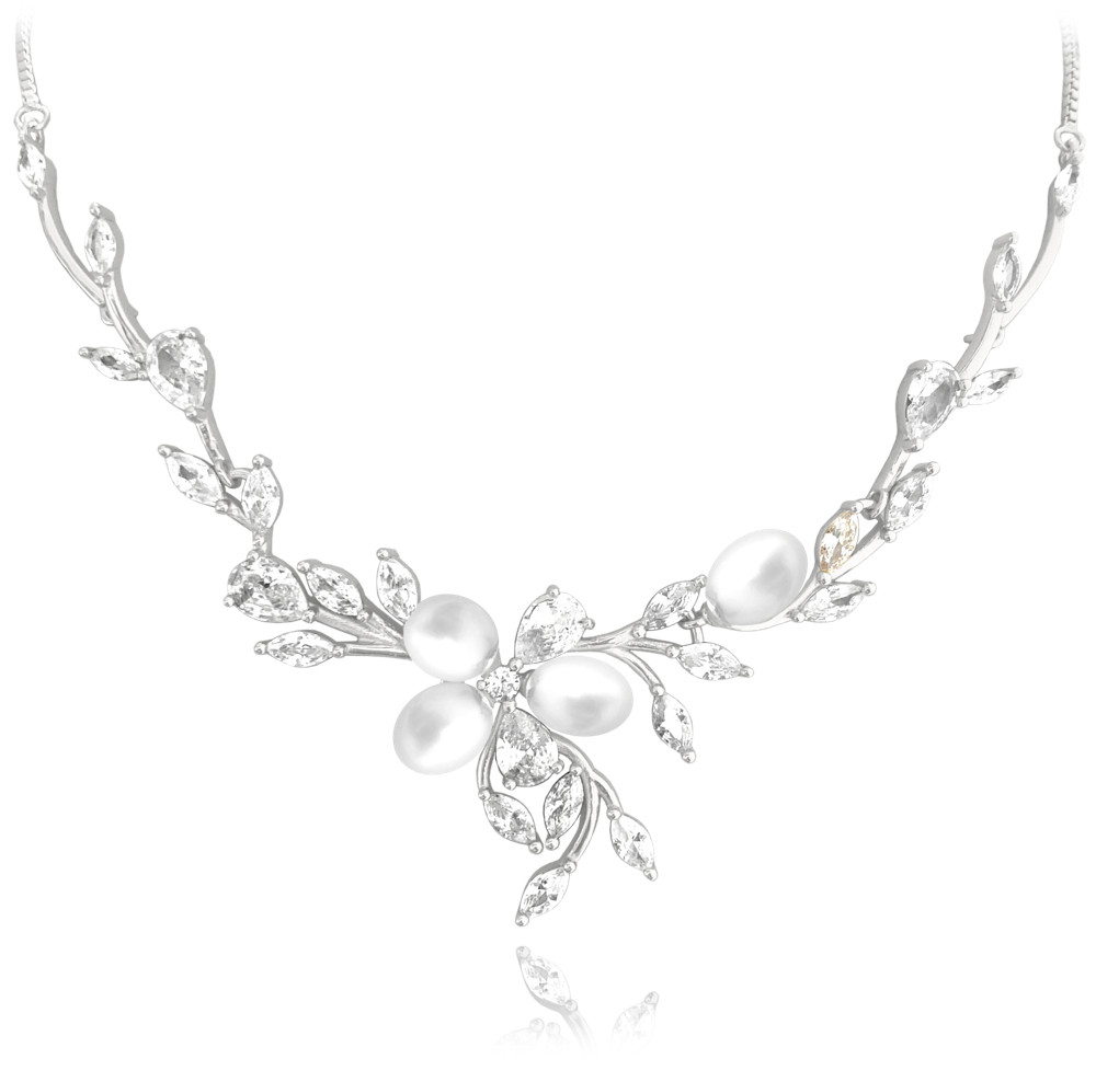 MINET Zdobný stříbrný náhrdelník přírodní perly s bílými zirkony