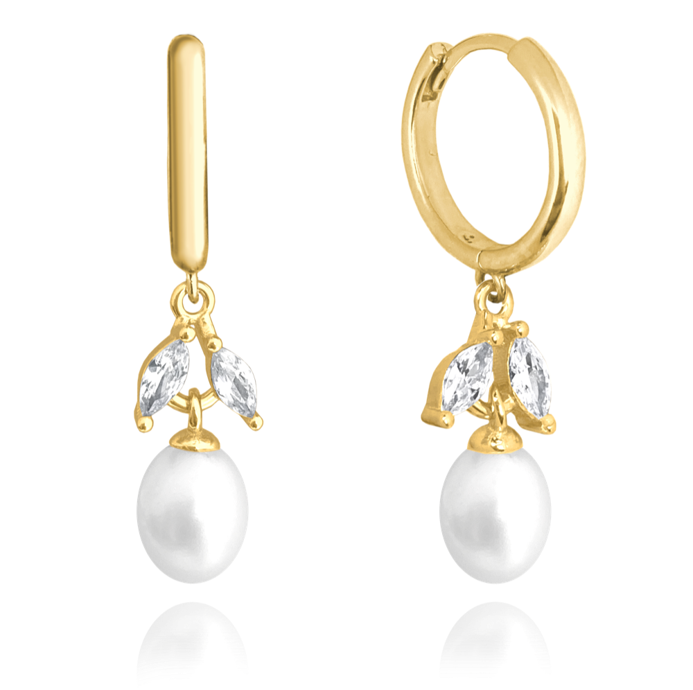 MINET Zdobné pozlacené stříbrné náušnice přírodní perly s bílými zirkony