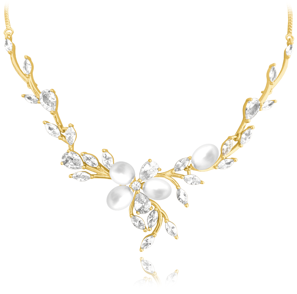 MINET Zdobný pozlacený stříbrný náhrdelník přírodní perly s bílými zirkony