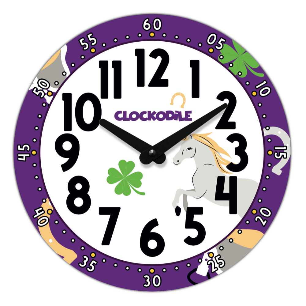 CLOCKODILE Dětské nástěnné hodiny fialové s koněm ⌀25cm