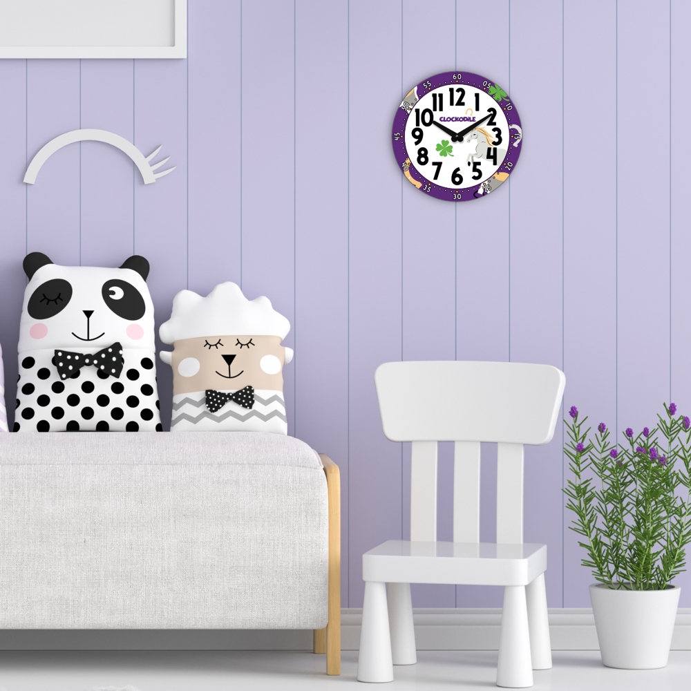 CLOCKODILE Dětské nástěnné hodiny fialové s koněm ⌀25cm CCT0030