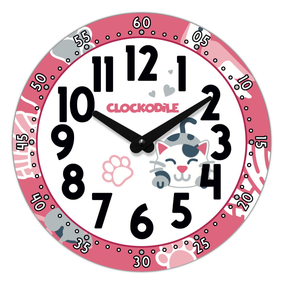 CLOCKODILE Dětské nástěnné hodiny růžové s kočkou ⌀25cm