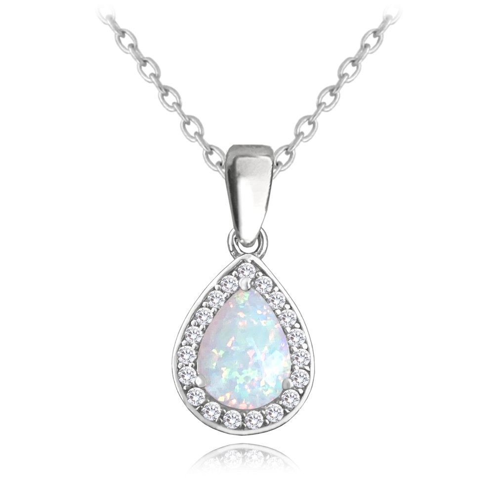 MINET Oválný stříbrný náhrdelník s bílým opálem a zirkony JMAS0176WN45