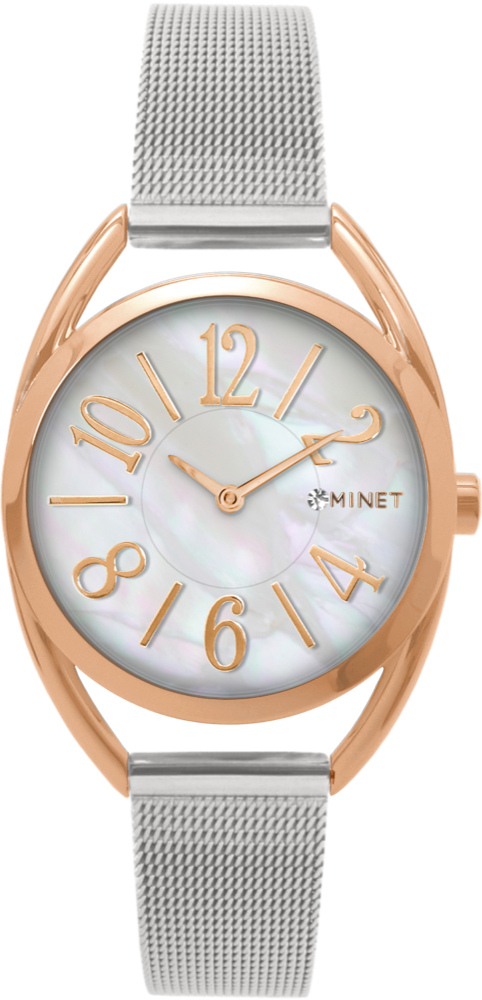 MINET Stříbrno-růžové dámské hodinky s čísly ICON ROSE GOLD PEARL MESH