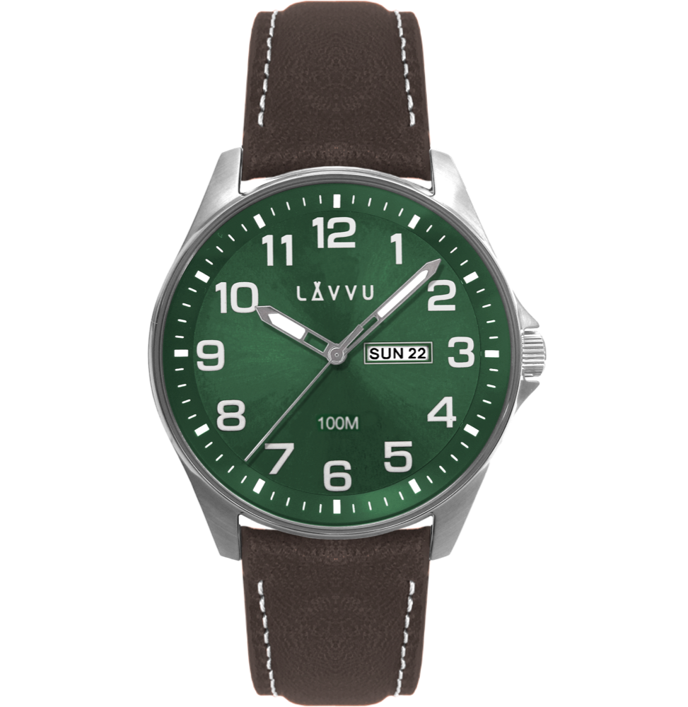 LAVVU Ocelové pánské hodinky BERGEN Green / Top Grain Leather se svítícími čísly LWM0147