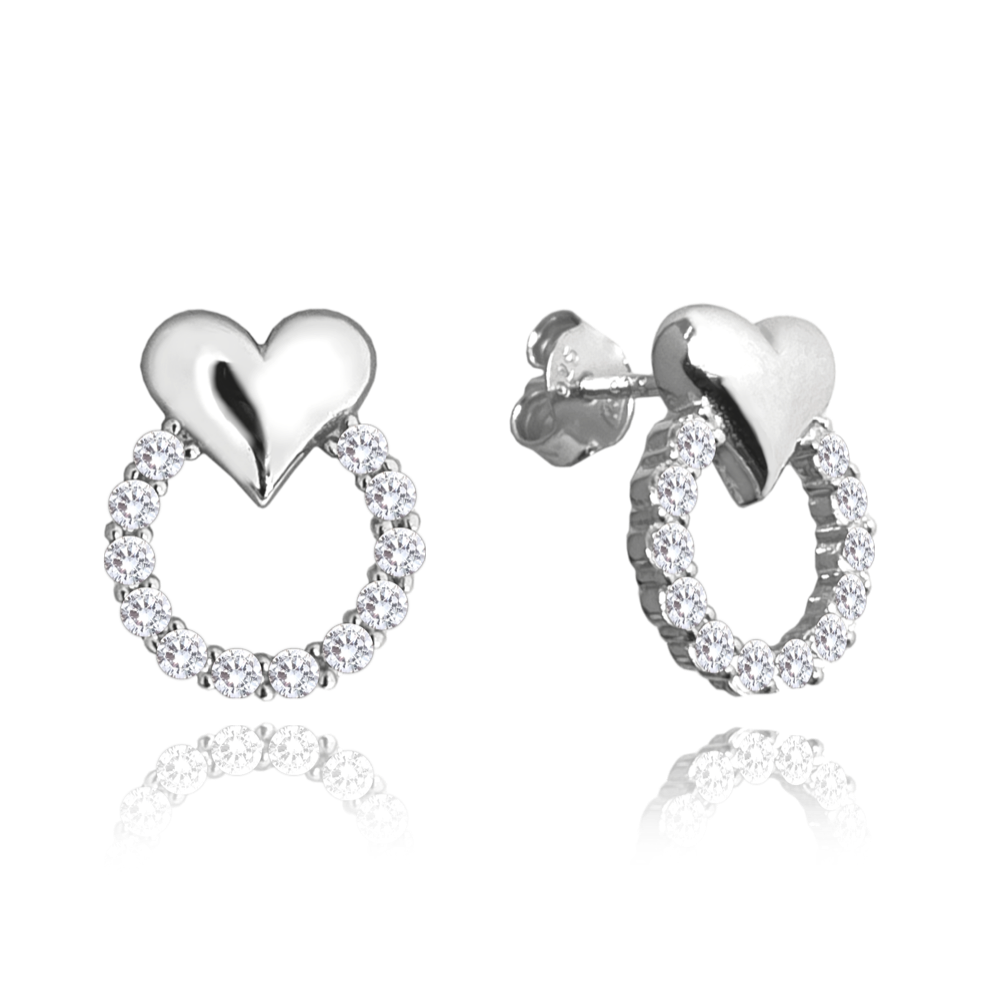 MINET Stříbrné náušnice se srdíčky LOVE s bílými zirkony