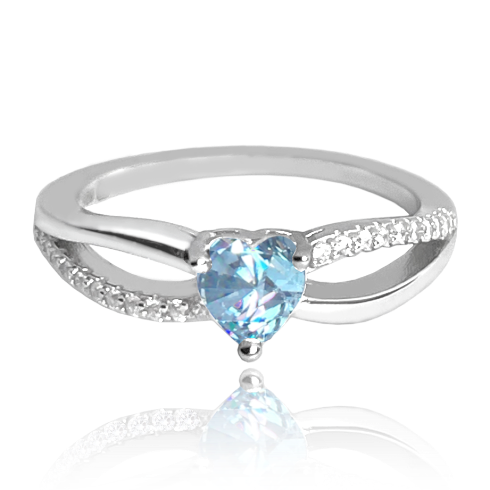 MINET Stříbrný prsten LOVE s modrým srdíčkovým zirkonem vel. 58 JMAS0191AR58