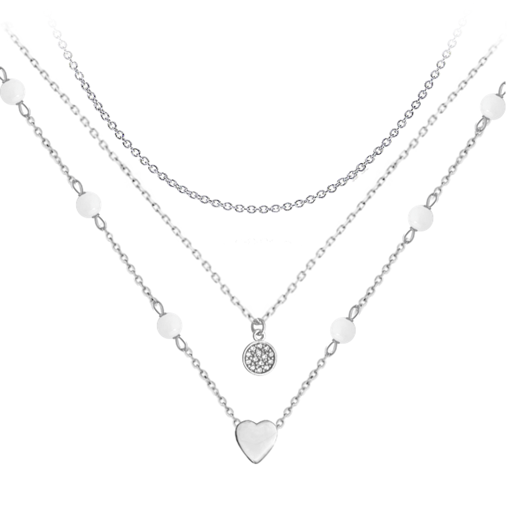 MINET Trojitý stříbrný náhrdelník SRDCE s kuličkami a bílými zirkony