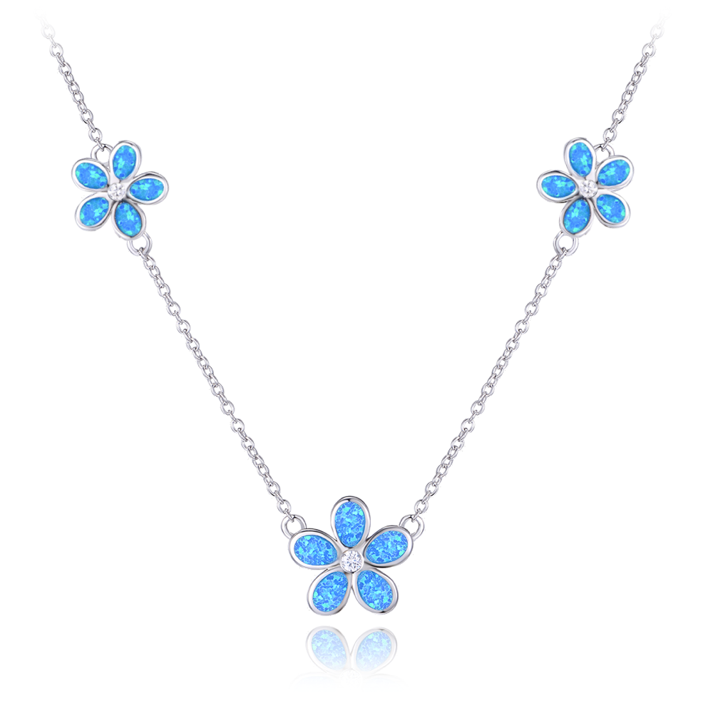 MINET Stříbrný náhrdelník KYTIČKY s modrými opálky JMAD0043BN38