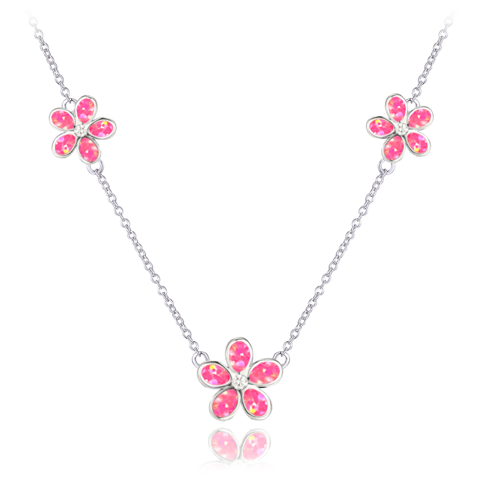 MINET Stříbrný náhrdelník KYTIČKY s růžovými opálky JMAD0043PN38