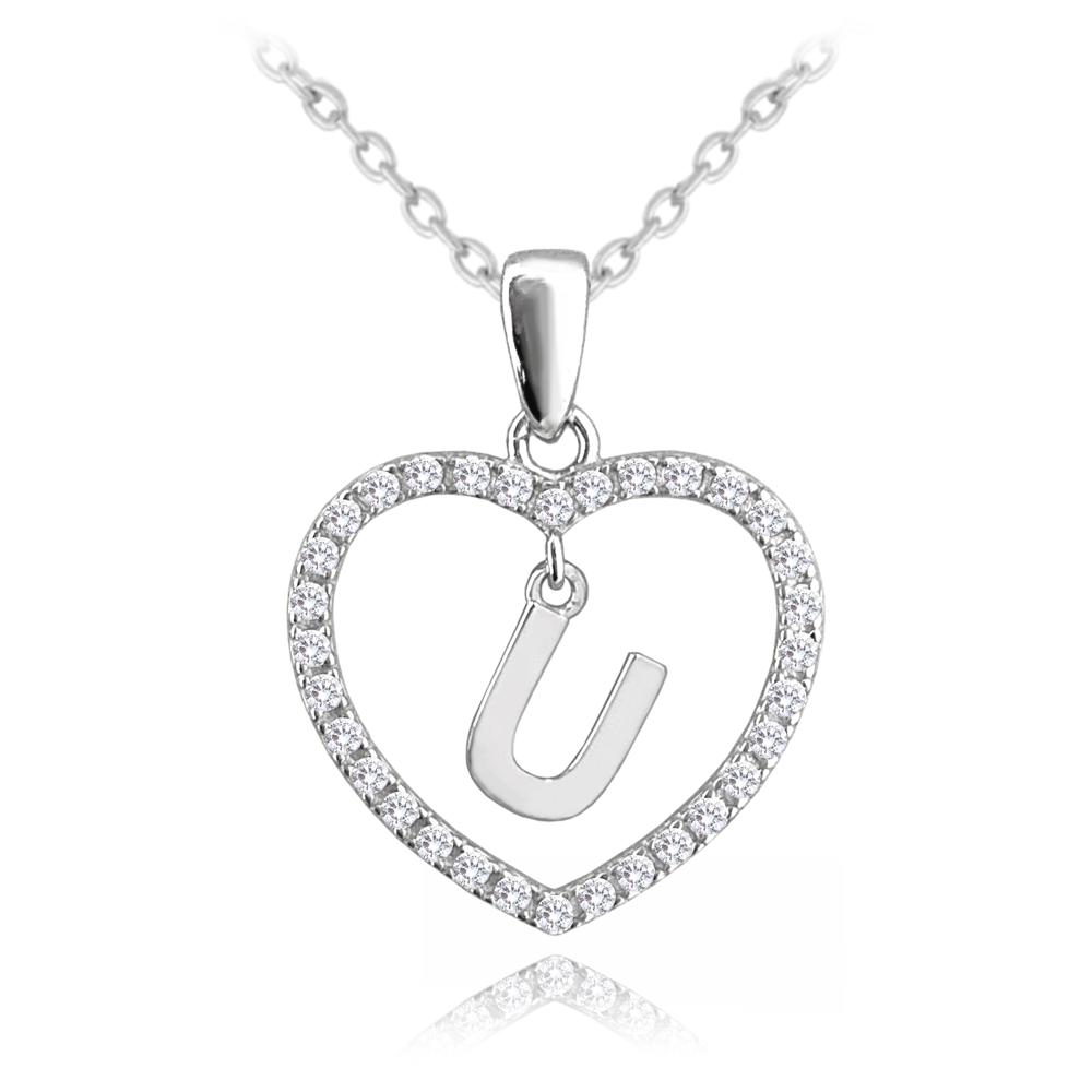 MINET Stříbrný náhrdelník písmeno v srdíčku "U" se zirkony JMAS900USN45