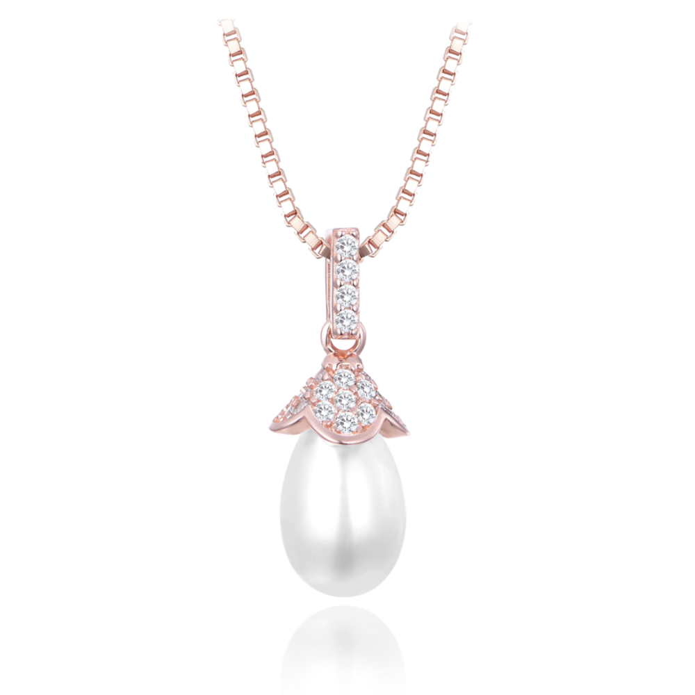 MINET Rose gold stříbrný náhrdelník s přírodními perlami a zirkonem JMAS7047RN45