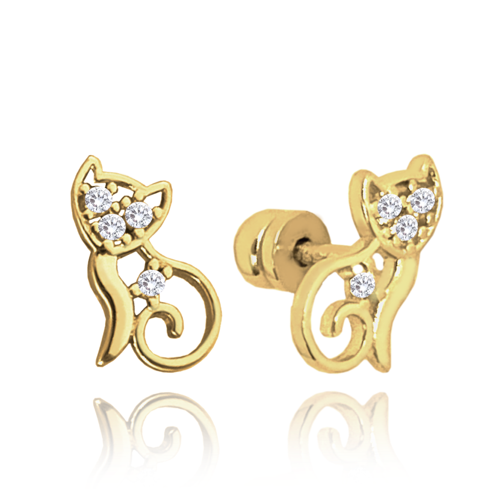 MINET Zlaté náušnice kočky na šroubek s bílými zirkony Au 585/1000 1,15g JMG0106WGE00