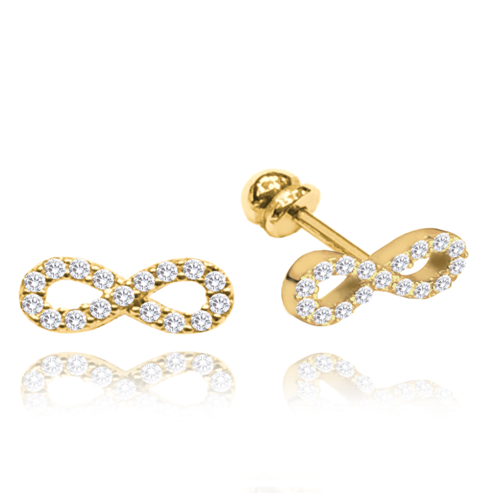MINET Zlaté náušnice nekonečna na šroubek s bílými zirkony Au 585/1000 1,10g JMG0121WGE00