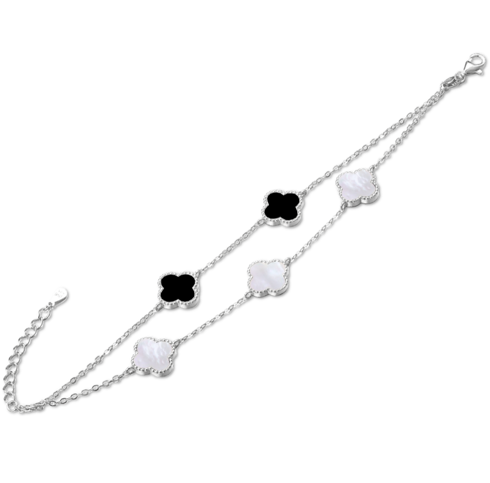 MINET Stříbrný náramek čtyřlístky s bílou perletí a onyxem JMAS7043CB16