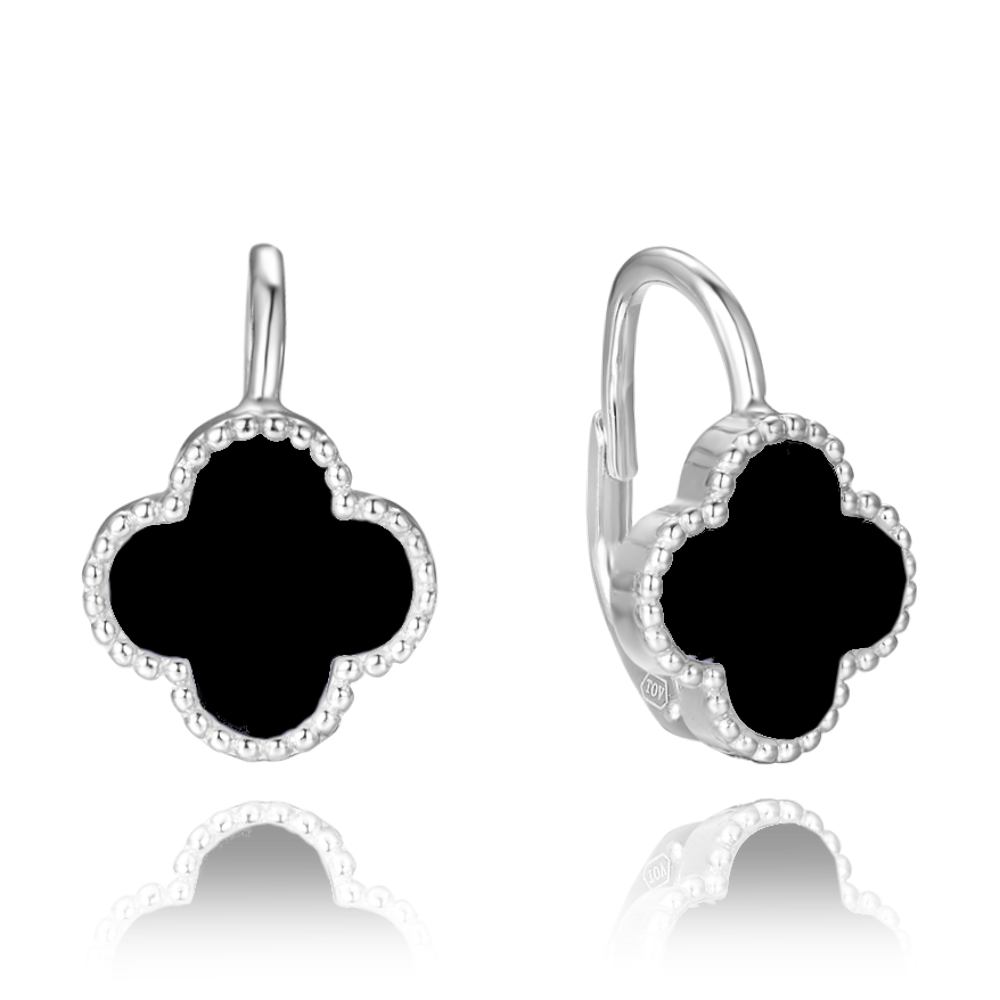 MINET Stříbrné náušnice čtyřlístky s onyxem JMAS7043CE00