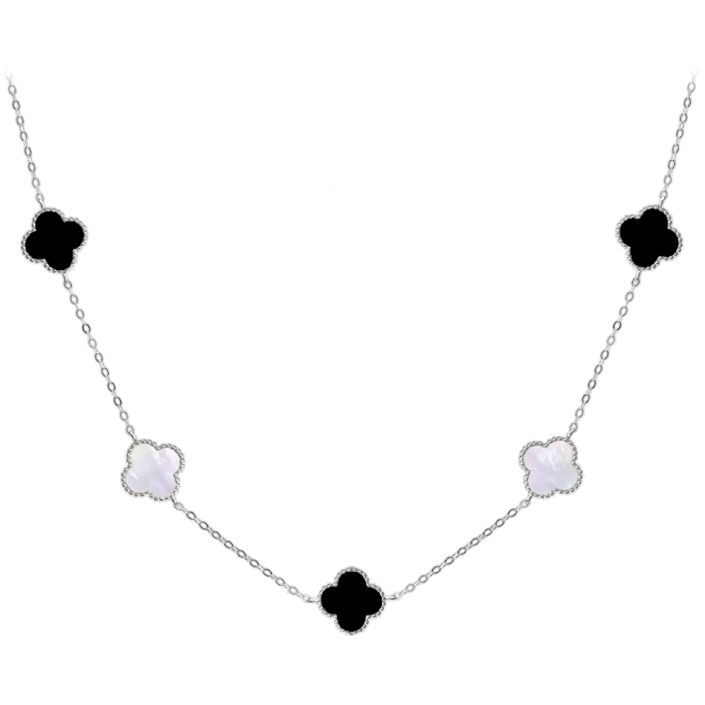 MINET Stříbrný náhrdelník čtyřlístky s bílou perletí a onyxem Ag 925/1000 12,80g JMAS7043CN60