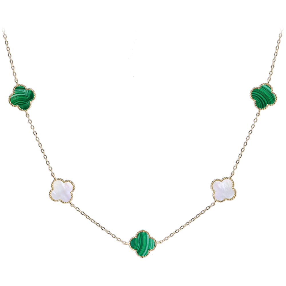MINET Pozlacený stříbrný náhrdelník ČTYŘLÍSTKY s bílou perletí a malachitem Ag 925/1000 12,45g JMAS7043GN60