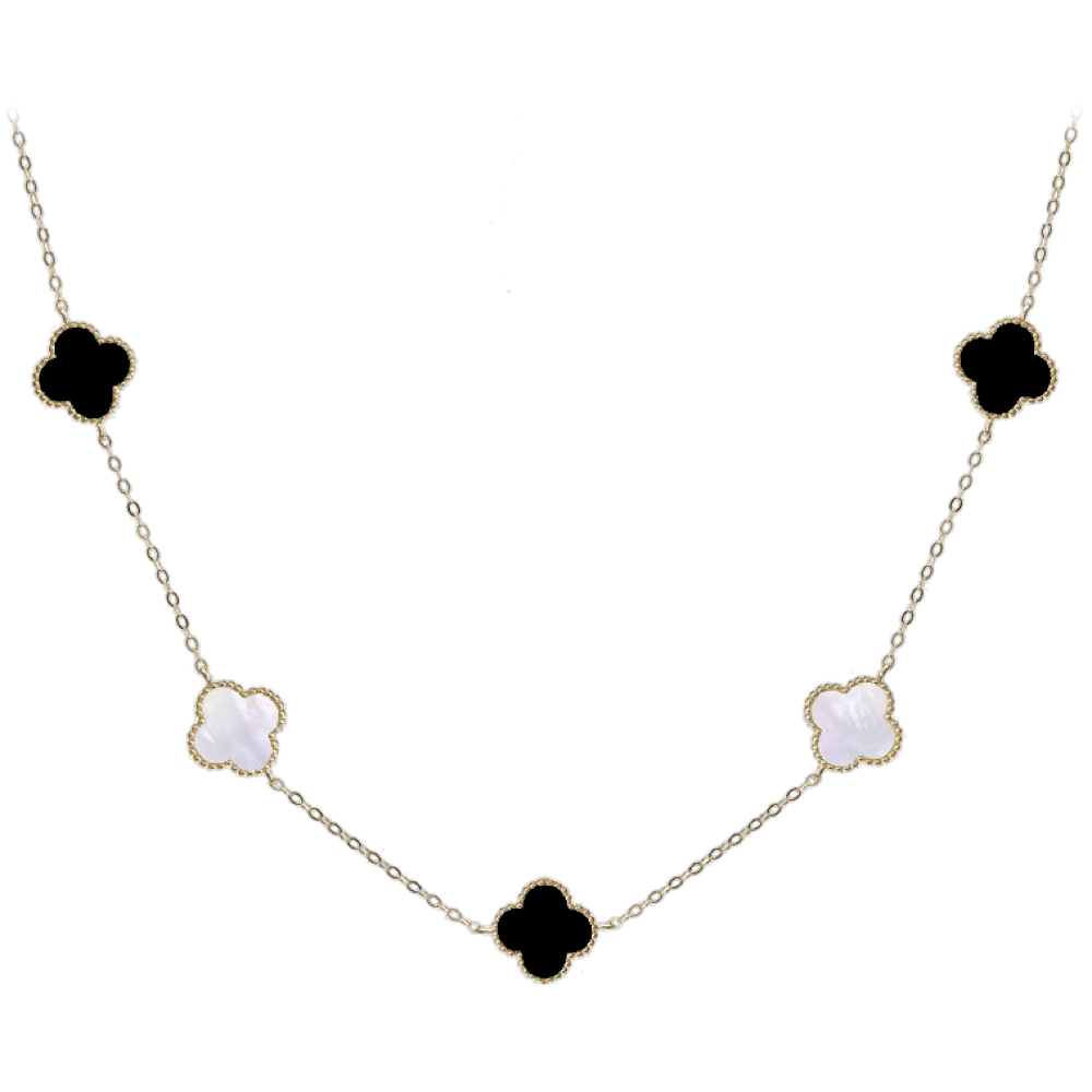 MINET Pozlacený stříbrný náhrdelník ČTYŘLÍSTKY s bílou perletí a onyxem Ag 925/1000 11,90g JMAS7043XN60