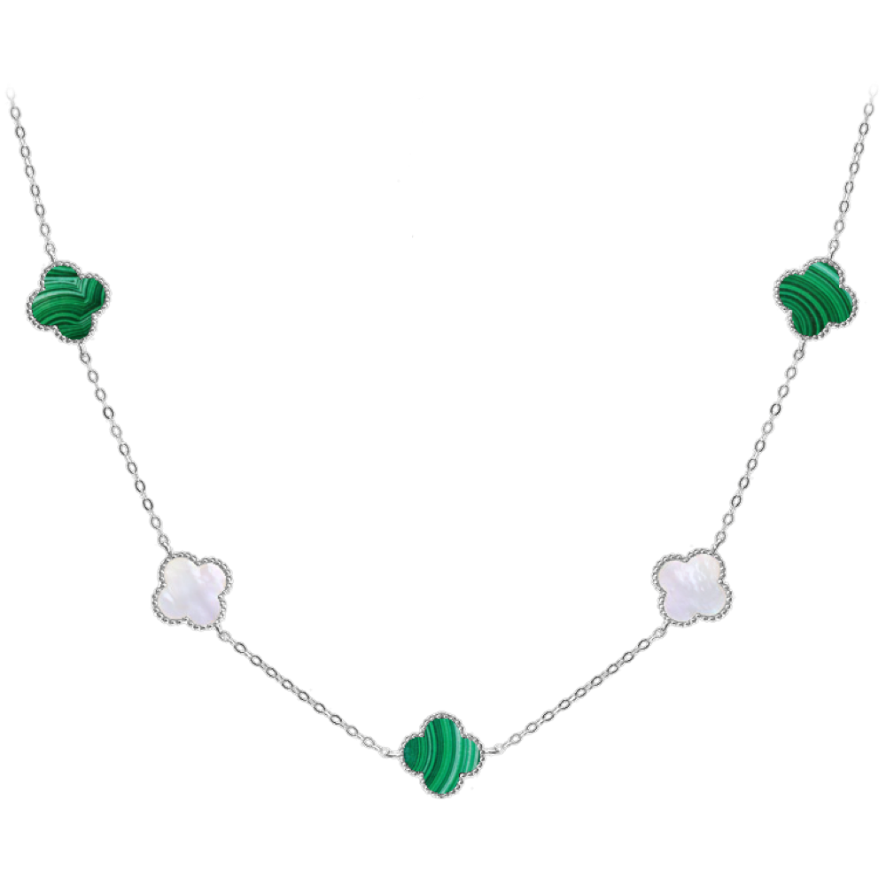 MINET Stříbrný náhrdelník ČTYŘLÍSTKY s bílou perletí a malachitem Ag 925/1000 12,50g JMAS7043ZN60