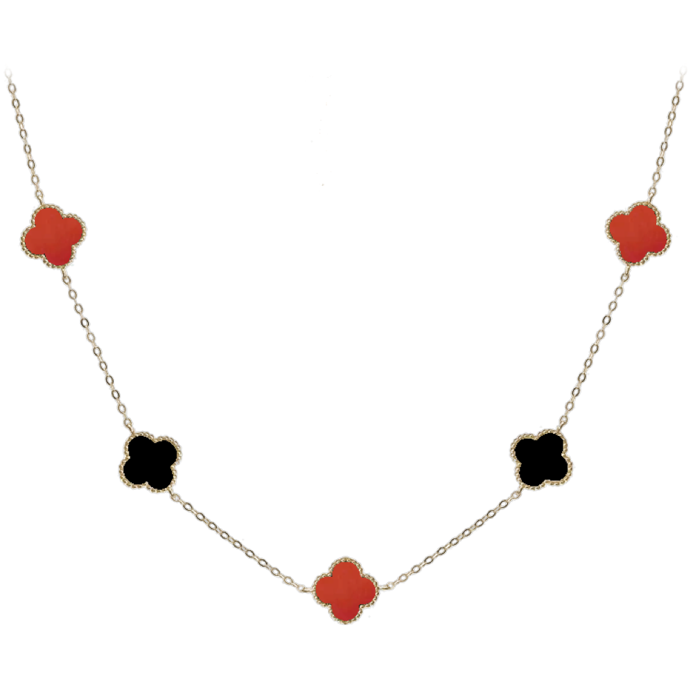 MINET Pozlacený stříbrný náhrdelník ČTYŘLÍSTKY s červeným achátem a onyxem Ag 925/1000 11,75g JMAS7043RN60
