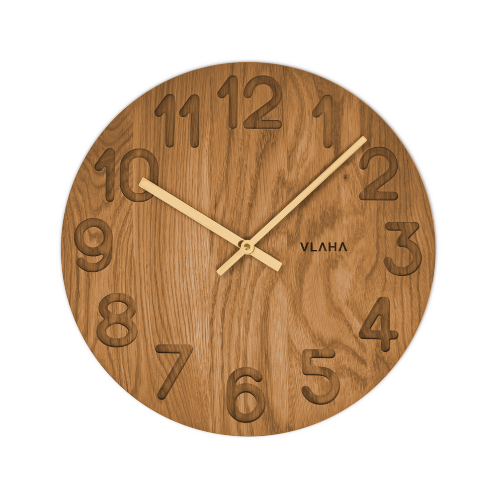 VLAHA Dřevěné hodiny OAK vyrobené v Čechách se zlatými ručkami ⌀34cm VCT1123