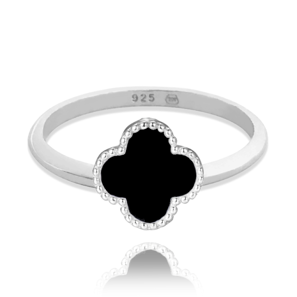 MINET Stříbrný prsten čtyřlístek s onyxem vel. 52 JMAS7043BR52