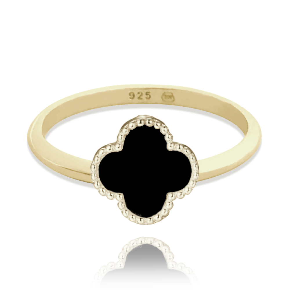 MINET Pozlacený stříbrný prsten čtyřlístek s onyxem vel. 54 JMAS7043XR54