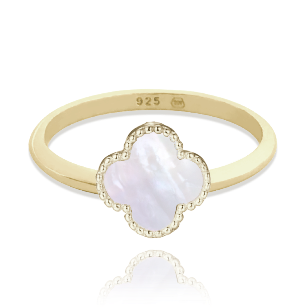 MINET Pozlacený stříbrný prsten čtyřlístek s bílou perletí vel. 56 JMAS7043YR56