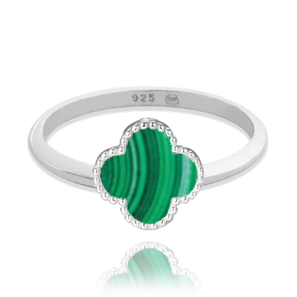 MINET Stříbrný prsten čtyřlístek se zeleným malachitem vel. 52 JMAS7043ZR52